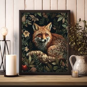 Fuchs im tiefen Zauberwald Core Dekor, schwermütige Retro Ölmalerei dunkel Cottagecore Academia Floral Botanische Wand Kunst druckbare digitale Download