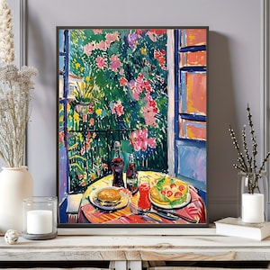 May include: A painting of a still life with a table set with a burger, salad, two bottles of soda, and a glass of juice. The table is set on a balcony overlooking a lush green garden with pink flowers.