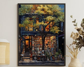 May include: A painting of a bookstore with a large tree in front of it. The bookstore is lit up at night and has shelves full of books. The tree has yellow leaves and is casting shadows on the sidewalk.