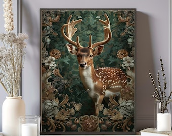May include: A brown and white spotted deer with large antlers stands in a lush green and gold floral pattern. The deer is looking directly at the viewer.