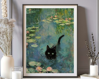 Impresión de gato con nenúfar de Claude Monet, póster de gato de Claude Monet, arte de gato negro, impresión floral, pintura de gato negro, póster vintage, arte de gato vintage