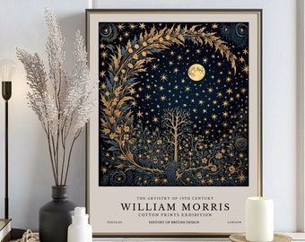 William Morris måne- och stjärnortryck, William Morris utställningstryck, William Morris-affisch, vintage väggkonst, textilkonst, vintageaffisch