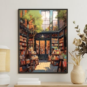 Vintage Book Store Print, Book Shop Print, Book Nook Poster, Reading Gift, Book Worm Wall Art Print, Author Gift Idea, Bookshop Wall Decor