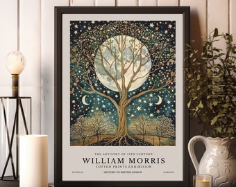 William Morris måne- och stjärnortryck, William Morris utställningstryck, William Morris-affisch, vintage väggkonst, textilkonst, vintageaffisch