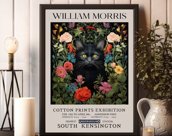 William Morris Print, William Morris Exhibition Print, Black Cat William Morris Poster, William Morris Vintage Art, Vintage Black Cat Poster