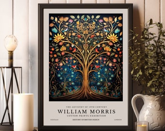 William Morris print, William Morris tentoonstelling print, William Morris poster, vintage kunst aan de muur, textielkunst, levensboom poster, boom kunst