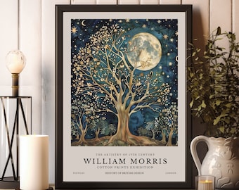 Impressão de William Morris, impressão de exposição de William Morris, pôster de William Morris, arte de parede vintage, arte têxtil, pôster vintage, lua e estrelas
