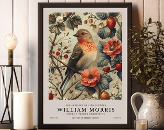 Stampa William Morris, stampa della mostra William Morris, poster floreale di William Morris con uccelli, arte della parete vintage, arte tessile, poster vintage
