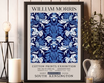 Estampados de patrones florales azules de William Morris, impresión de exposición de William Morris, cartel de William Morris, arte de pared vintage, arte textil imprimible