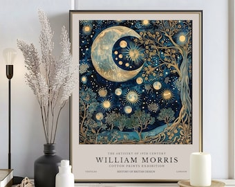 May include: A vintage-style print featuring a crescent moon with stars and trees in gold and blue tones. The text "THE ARTISTRY OF 19TH CENTURY WILLIAM MORRIS COTTON PRINTS EXHIBITION HISTORY OF BRITISH DESIGN LONDON" is at the bottom of the print.