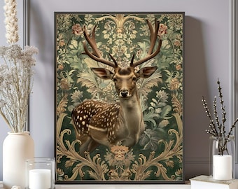 May include: A brown and white spotted deer with large antlers stands in a green and gold floral patterned background. The deer is looking directly at the viewer.