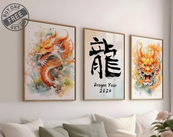 Drachen Prints 3er Set, Drache Jahr 2004 Wandkunst, Chinesisches Neujahr Kunst, Drache Sternzeichen Drucke, Chinesisches Sternzeichen Wandkunst, Asiatische Kunst Digital