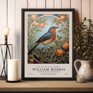 Impresión de arte de William Morris, cartel de la exposición de William Morris, cartel de William Morris, arte de pared vintage, arte textil, estampado floral de pájaro vintage