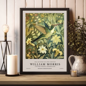 Impresión de colibrí de William Morris, impresión de exposición de William Morris, cartel verde de William Morris, arte de pared vintage, arte textil, cartel de aves