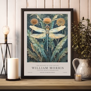 Impression libellule William Morris, impression d'exposition William Morris, affiche William Morris, art mural vintage, art textile, libellule vintage