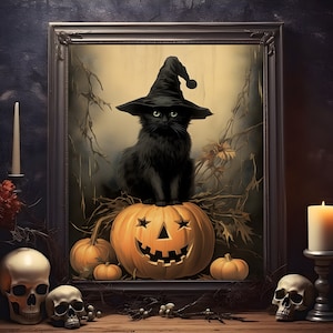 Black Cat Standing On A Pumpkin, Vintage Halloween Poster, Art Poster Print, Dark Academia, Haunting Ghost, Halloween Decor, Cat Lover Gifts