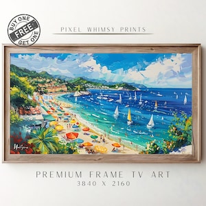 Puede incluir: Una pintura enmarcada que representa una escena de playa con sombrillas de colores, veleros y un pueblo en el fondo. La pintura está en un marco de madera claro y tiene una gama de colores azul y blanco. La pintura tiene 3840 x 2160 píxeles.