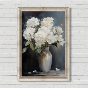 White Hydrangeas Muted Vintage Wall Print, Farmhouse Wall Decor, Botanical Wall Art, Living Room Art, Digital Download Printable Vintage Art