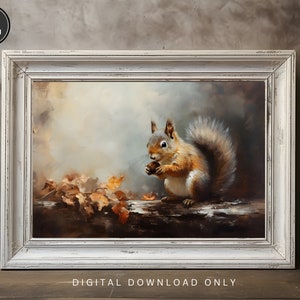 Linda pintura de otoño de ardilla, pintura de animales de otoño, descarga digital de decoración rústica de otoño, arte rústico de otoño vintage impresiones de pared de otoño cartel
