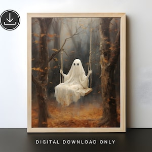 Cartel de otoño de Ghost On the Swing, impresión de arte fantasma en hojas, lindo fantasma gótico espeluznante imprimible, arte abandonado, regalos de decoración de la habitación de la academia oscura