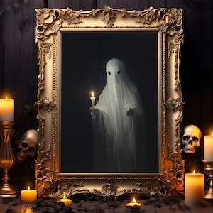 Gespenst hält eine Kerze, Vintage Geister Wand Druck Dark Academia, eindringliches Gespenst, Halloween Dekor Geschenk, verlassene Kunst Dark Academia Room Decor