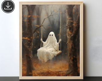 Ghost On the Swing Autumn Poster, Sheeted Ghost Art Print, Cute Ghost Spooky Gothic Printable, Abandoned Art, Dark Academia Room Decor Gifts