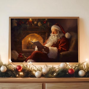 Santa Clause Reading Wall Art, Vintage Christmas Holiday Decor, Cottagecore Wall Decor. Vintage Santa Oil Paint Poster, Vintage Santa Art