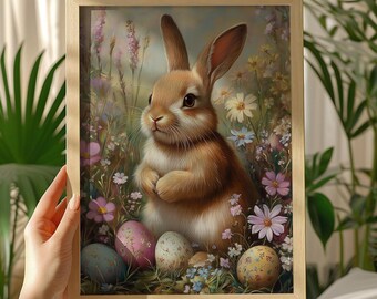 Easter Bunny Print Vintage Easter Wall Decor for Pink Bedroom Easter Poster Easter Egg Artwork Spring Wall Art Gift for Easter Farmhouse Art