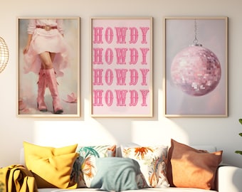 Western Howdy Cowgirl Printable Wall Art Set of 3, Pink Western Wall Art Set of 3 Prints, Trendy Art Print Bundle, Dorm Throwback Wall Art