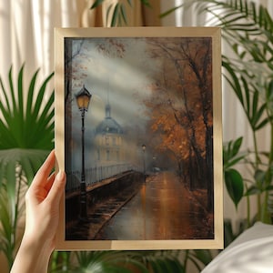 Rainy Autumn Wall Art, Moody Fall Cityscape Print, Antique Fall City Printable Digital Download, Vintage Autumn Wall Art, Rustic Home Decor