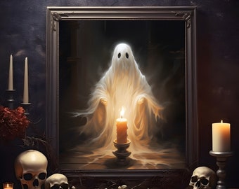 Spöke med ljusposter, oljemålning, spökposter, konstpostertryck, mörk akademi, halloweendekor, spökdekor väggkonst halloween