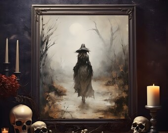 Vintage Hexe, die im gejagten Wald spazieren geht, Druck, dunkel romantische Geisterhexe gruselig, Horror gruselig, Wand-Kunst-Halloween-Poster, Hexe Halloween