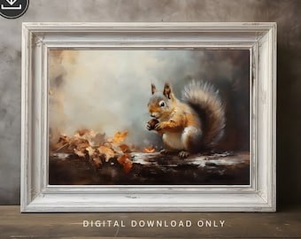May include: A painting of a squirrel sitting on a branch, eating a nut. The squirrel is brown and white with a bushy tail. The background is a soft, muted brown and gray.