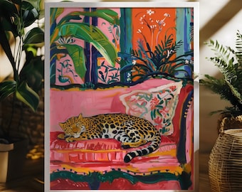 Leopard Wall Art Poster, Henri Matisse Botanical Printable Wall Art, Living Room Wall Decor Modern Jungle Leopard Poster Floral Pink Artwork