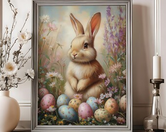 Easter Bunny Print Vintage Easter Wall Decor for Pink Bedroom Easter Poster Easter Egg Artwork Spring Wall Art Gift for Easter Printable Art