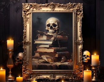 Skull On Magic Book Prints, Vintage Halloween Poster, Dark Academia Wall Art, Witch Halloween Print, Witchy Gallery Wall Decor Digital Print