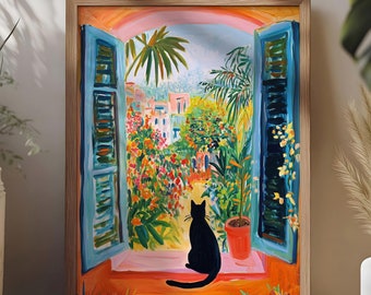 Stampa di Henri Matisse, Poster di Matisse con gatto nero, Arte del paesaggio costiero, Arte murale moderna, Arte con finestra aperta, Arte ispirata a Henri, Download digitale