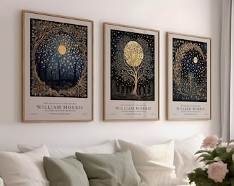 Set of 3 William Morris Moon and Stars Print, William Morris Exhibition Print, William Morris Poster, Vintage Wall Art, Textiles Art
