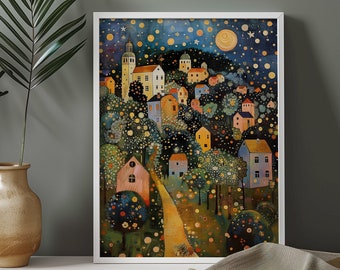 Gustav Klimt Village Night Print, Gustav Klimt Poster, Klimt Exhibition Poster, Klimt Moon Stars Tree Art, Housewarming Gift for Art Lover