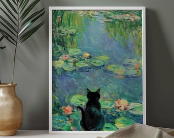 May include: A black cat sits on a lily pad in a pond, looking out at the water. The pond is surrounded by green lily pads and the water is a light blue color. The background is a blurry green and blue.