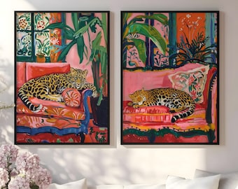 Leopard Wall Art Print Set of 2, Henri Matisse Poster, Botanical Art, Digital Download Living Room Wall Decor Modern Jungle Leopard Poster