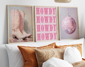 Western Howdy Cowgirl Wall Art Set of 3, Pink Western Wall Art Set of 3 Prints, Trendy Art Print Bundle, Dorm Throwback Wall Art Printable