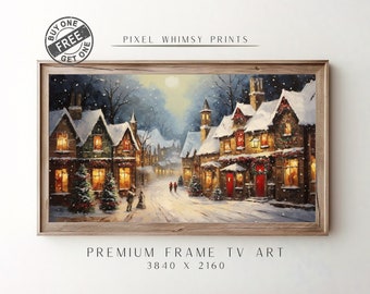 May include: A digital painting of a snowy village at night with twinkling lights and a full moon. The houses are decorated with wreaths and garlands. The scene is framed in a wooden frame.  3840 x 2160.