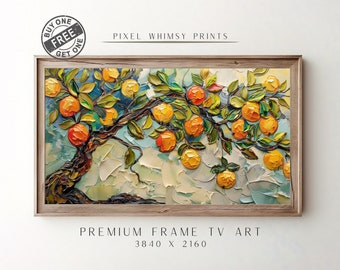 Könnte beinhalten: Ein Gemälde eines Baumes mit orangenen Früchten, gemalt in einem strukturierten Stil mit dicken Pinselstrichen. Das Gemälde ist in einem hellen Holzrahmen gerahmt. Der Text "PREMIUM FRAME TV ART 3840 X 2160" ist unter dem Rahmen gedruckt.
