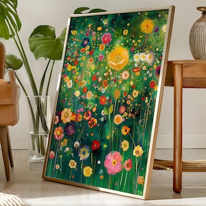 Gustav Klimt Floral Garden Art Print, Vibrant Farm Flowers Landscape for Nature Wall Decor, Colorful Botanical Poster, Klimt Inspired Art