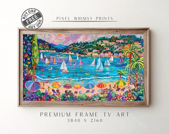 夏のサムスンフレームテレビアート、テレビ用ビーチスイミング絵画デジタルダウンロード、抽象的な海のフレームテレビアート、ポップアートのカラフルなフレームテレビアート