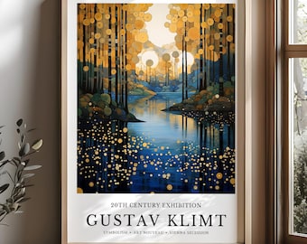 May include: A framed art print featuring a landscape painting in the style of Gustav Klimt. The artwork depicts a forest scene with a body of water, rendered in shades of blue, gold, and green. Text at the bottom reads "20TH CENTURY EXHIBITION GUSTAV KLIMT".