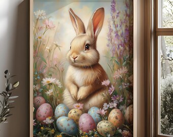 Easter Bunny Print Vintage Easter Wall Decor for Nursery Room Easter Poster Easter Egg Artwork Spring Wall Art Gift for Easter Farmhouse Art