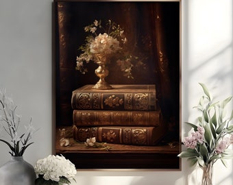 Books and Flowers Vintage Style Painting, Vintage Library Poster, Book Art, Reading Poster, Book Lovers Gift, Reading Gift, Antique Wall Art
