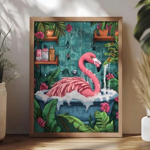 Flamingo in Bathtub Art Print, Maximalist Funny Animal in Bath Wall Art, Tropical Safari Bathroom Prints, Tropical Boho Funny Bathroom Art